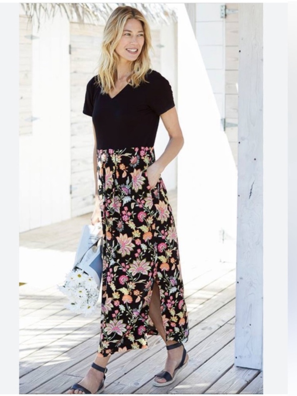 J. Jill Women's Maxi Dress Floral Side Slit boho Colorblock size 2X cottagecore